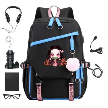 АНИМЕ-рюкзак с USB-портом для зарядки, школьный рюкзак DemonSlayer для студентов, сумки для ежедневных путешествий, детские подарки