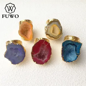 FUWO Оптовая продажа, разноцветные кольца-жеоды с позолотой, покрытые латунью, ювелирные изделия из натуральных агатов, Регулируемый Размер RG001