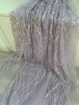 1 ярд Светло-фиолетовой Тюлевой Кружевной ткани из Бисера для Свадебного платья, Сетчатой ткани с бисером и блестками для Свадебного платья