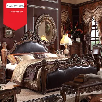 Американская кровать двуспальная кровать из массива дерева главная спальня кровать с резным столбом свадебная кровать искусство кожи европейская кожаная кровать