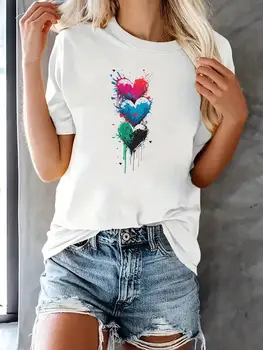 Футболка Модная футболка с коротким рукавом, Женская верхняя одежда с принтом Love Heart Sweet 90-х, Милая женская повседневная одежда, графические футболки