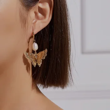Элегантные и легкие роскошные металлические полые многослойные объемные серьги-бабочки из пресноводного жемчуга в стиле барокко для дам