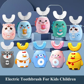 Звуковая электрическая зубная щетка для детей, 360 градусов, 6 передач, милая мультяшная U-образная силиконовая головка, умная ультразвуковая зубная щетка