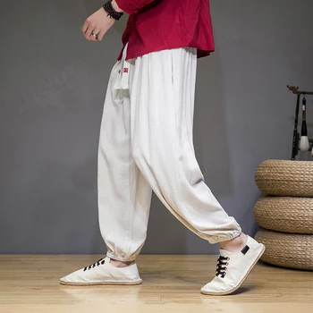 Роскошные мужские весенне-летние брюки Sinicism из традиционного хлопка и конопли, мужские свободные винтажные шаровары из цельного бамбука с завязками на лодыжках