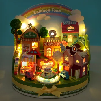 Миниатюрный кукольный домик своими руками, Деревянный кукольный домик, Радужный таунхаус, Набор для сборки мебели, игрушка для взрослых детей, рождественский подарок