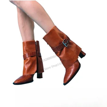 Ботинки из коричневой Кожи с Украшением в виде пряжки на ремне, Женская обувь на высоком Массивном каблуке с боковой молнией и Острым носком, 2023 г., Zapatos Para Mujere