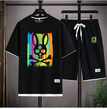 Новые летние стили, хит продаж, мужской брендовый комплект с принтом Psycho Bunny, шорты с короткими рукавами, крутой комплект из двух предметов