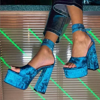 Синие Бархатные Босоножки на массивном каблуке с украшением в виде кристаллов, Летняя обувь на платформе с открытым носком и вырезами, Женские Босоножки на квадратном каблуке, Размер 42