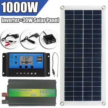 Солнечная панель 220 В Система с 1000 Вт Инвертором 30 Вт Солнечная панель 10A Контроллер Комплект зарядного устройства для автомобильного аккумулятора Кемпинг на открытом воздухе