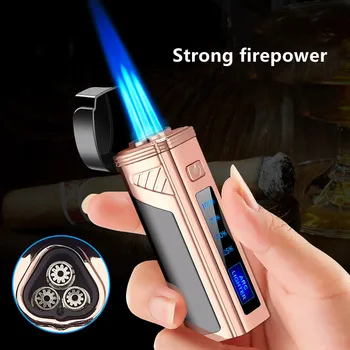 Новая металлическая Наружная Ветрозащитная Электрическая USB-зажигалка Turbo с тремя факелами, Дисплей мощности Струи, Зажигалка для сигар, Инструмент для сигар