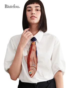 【Biutefou】 Новое поступление, аксессуары, женский нерегулярный галстук с вышивкой в виде забавной рыбки