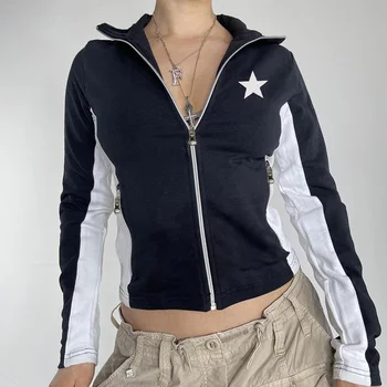 Женская гоночная куртка в готическом стиле в стиле панк с принтом пентаграммы, воротник-стойка, пальто на молнии с длинным рукавом, Цветная приталенная повседневная байкерская верхняя одежда в цвет блока