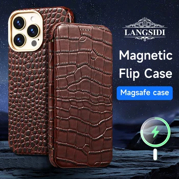 LANGSIDI магнитный Флип-чехол из натуральной кожи Для Iphone 14 13 pro max 14pro 14 plus, противоударный защитный чехол для беспроводной Зарядки