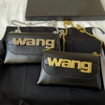 Металлическая цепочка с логотипом Wang, черная сумка для женщин, Маленький мобильный кошелек через плечо, мини-Леди, модный Роскошный бренд, Дизайнерский мешок