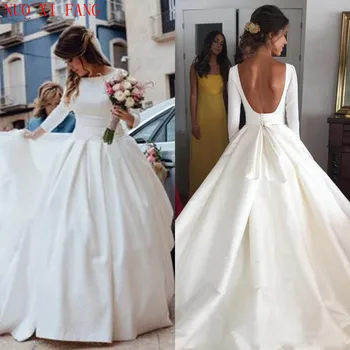NUOXIFANG Белые Атласные Простые свадебные платья Трапециевидной формы с длинными рукавами 3/4 и открытой спиной, свадебные платья для невесты, robe de mariee