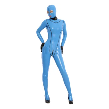 Новый латексный костюм, резиновый комбинезон для всего тела, светло-голубой комбинезон с капюшоном, Размер XXS-XXL