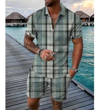Комплекты мужских летних футболок поло, Мужской костюм поло в полоску с рисунком решетки, Повседневная рубашка поло с 3D-принтом и застежкой-молнией на воротнике