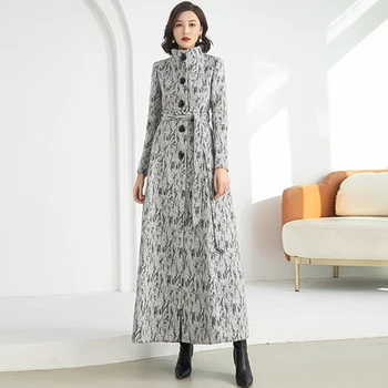 Новое Женское Длинное шерстяное пальто, осень-зима, модный воротник-стойка с поясом, тонкие топы из смесовой шерсти повышенной длины, серое теплое пальто