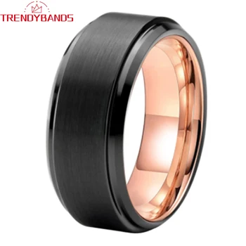 кольца из розового золота и черного вольфрама 8 мм для мужчин и женщин, обручальное кольцо, ступенчатые скошенные края, матовая отделка, Комфортная посадка