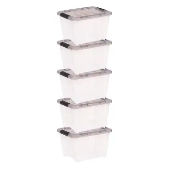 IRIS, США, прозрачный пластиковый ящик для хранения Stack & Pull ™ емкостью 19 литров с пряжками, серый, набор из 5 штук