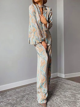Женская Стильная одежда из 2 предметов, рубашка с длинным рукавом на пуговицах и Широкие брюки - Идеальный комплект одежды для отдыха в повседневном стиле