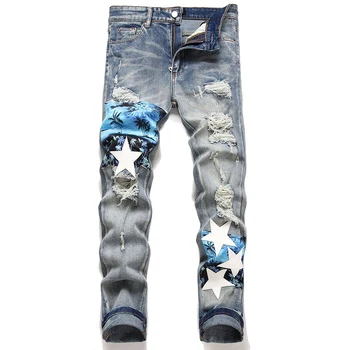 Мужские модные уличные джинсы в стиле пэчворк в стиле панк, мужские осенние уличные джинсы в стиле хип-хоп, облегающие джинсовые хлопковые брюки с дырками в стиле панк, pantalones hombre