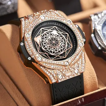 Лучшие Роскошные брендовые мужские часы с Большим бриллиантом, Кожаные Аналоговые модные золотые часы, кварцевые наручные часы Relogio Masculino