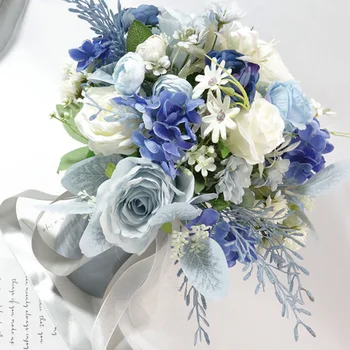 Свадебные букеты из смешанных Синих цветов для невесты, Шелковый букет из листьев розы, Искусственный Свадебный букет, Свадебные аксессуары sakcesoria ślubne