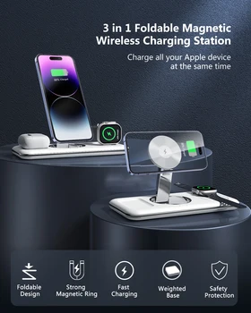 Складная Магнитная Беспроводная Зарядная станция для iphone14pro 14 13 12pro max для Apple watch Airpods 3 в 1 Держатель для быстрой зарядки мощностью 15 Вт