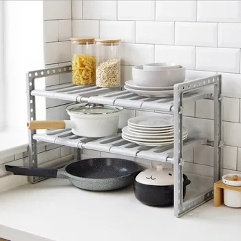 2-Слойные выдвижные кухонные стеллажи, Многофункциональная настольная подставка для посуды, кастрюль, столовых приборов, Стеллаж для хранения мусора под раковиной