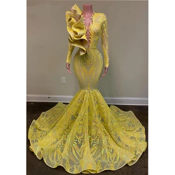 Сексуальное желтое вечернее платье Русалки с глубоким V-образным вырезом и длинными рукавами, с рюшами на груди, Асимметричное кружевное платье с блестками для выпускного Вечера, Vestidos