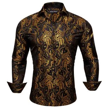 Роскошные рубашки для мужчин, шелковые, с длинным рукавом, золотисто-черные, приталенные мужские блузки, дышащие топы с лацканами, повседневные Barry Wang