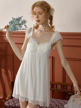 Женская Французская Винтажная Ночная рубашка Принцессы, Пижамы, Женская Летняя Модальная Ночная рубашка без рукавов с оборками в Викторианском стиле
