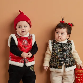 2023 НОВАЯ Китайская традиционная новогодняя одежда, Жилет для маленьких мальчиков, костюм Hanfu Tang, пальто без рукавов, Рождество, Зима
