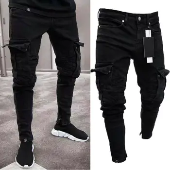 Мужские Байкерские Рваные Длинные джинсовые брюки, Обтягивающие джинсовые брюки, разрушенные эластичные Черные брюки