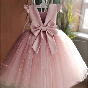 Элегантные Темпераментные Простые платья для девочек на День рождения с жемчугом на V-образной спинке, платья для подружек Невесты, бальное платье Принцессы с бантом, платье с цветочным узором для девочек