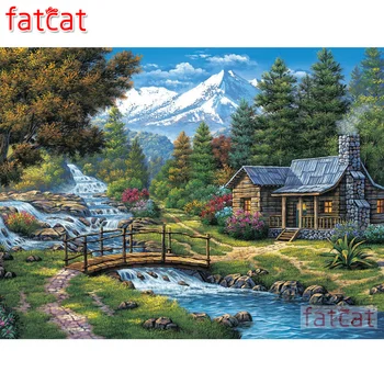 FATCAT 5d diy алмазная живопись Снег горная река водопад хижина пейзаж полная квадратная круглая дрель алмазная вышивка продажа AE2257