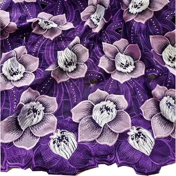 Фиолетовые хлопчатобумажные африканские кружевные ткани с камнями, высококачественная вышивка 5 ярдов, швейцарское кружево для больших свадеб, B0188a