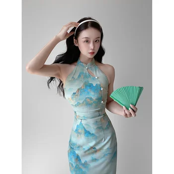 Новое Китайское ретро Улучшенное платье для молодых Чонсам с открытыми плечами, без рукавов, с разрезом на бретельках, Темпераментное платье Hanfu Dress