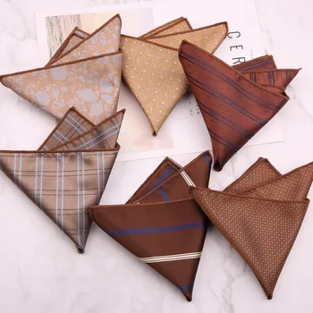 Британский ретро Стиль 24*24 см, коричневый Кофейный геометрический узор в полоску, однотонный карманный платок из полиэстера, квадратный носовой платок для мужской свадьбы