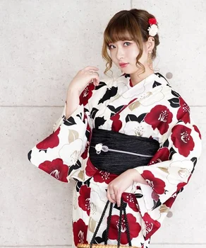 Японское женское кимоно из хлопчатобумажной ткани в традиционном стиле, Японская винтажная фотография, Фотография для путешествий, Камелия, кошка