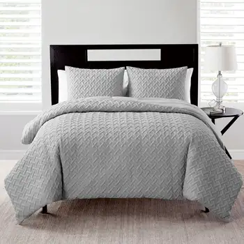 Комплект серого одеяла из полиэстера VCNY Home Nina II из 3 предметов с геометрическим рисунком, Полное / двуспальное пуховое одеяло