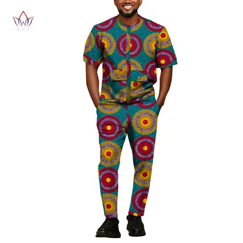 Мужская одежда в африканском стиле, Комплекты из 2 предметов, Рубашка с круглым вырезом и коротким рукавом, карман и Узкие Брюки, Мужские костюмы Дашики с принтом WYN1456