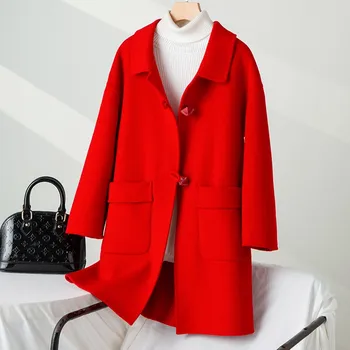 Осенне-зимнее новое женское двустороннее твидовое пальто средней длины из 100% шерсти 2022 года, высококачественная корейская модная повседневная куртка с лацканами