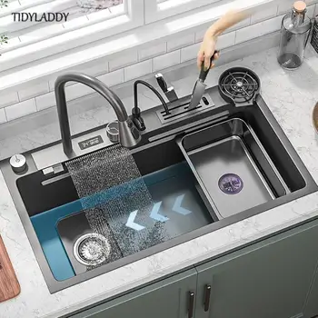 Кухонная раковина с водопадом из нержавеющей стали 304 Цифровой дисплей Большая раковина с одним слотом для мытья посуды с многофункциональным сенсорным водопадом