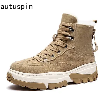 Autuspin/ Классические зимние ботинки на плоской подошве и платформе, женские модные теплые шерстяные уличные Армейские Ботильоны, Женская лаконичная обувь 35-41
