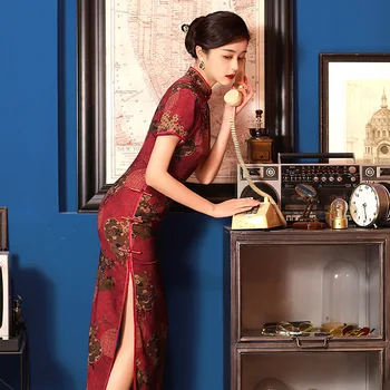 Красное Длинное Вечернее Платье Ципао в Традиционном китайском Стиле с короткими рукавами и Воротником-стойкой Наискось для женщин
