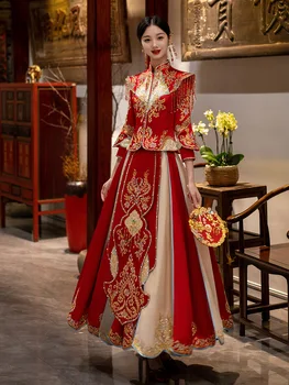 Невеста Красный Горный Хрусталь Кисточки Чонсам Китайский Стиль Блестки Бисероплетение Вышивка Свадебное Платье Для Тостов китайская одежда