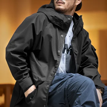 Maden, мужская мотоциклетная спортивная куртка с капюшоном, черная ветровка, корейский модный тренч, повседневные длинные куртки, Верхняя одежда