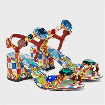 Женские босоножки с богемным принтом и бриллиантами на одном ремешке, разноцветные, с открытым носком, на высоком каблуке 2023, Летние пляжные сандалии на квадратном каблуке